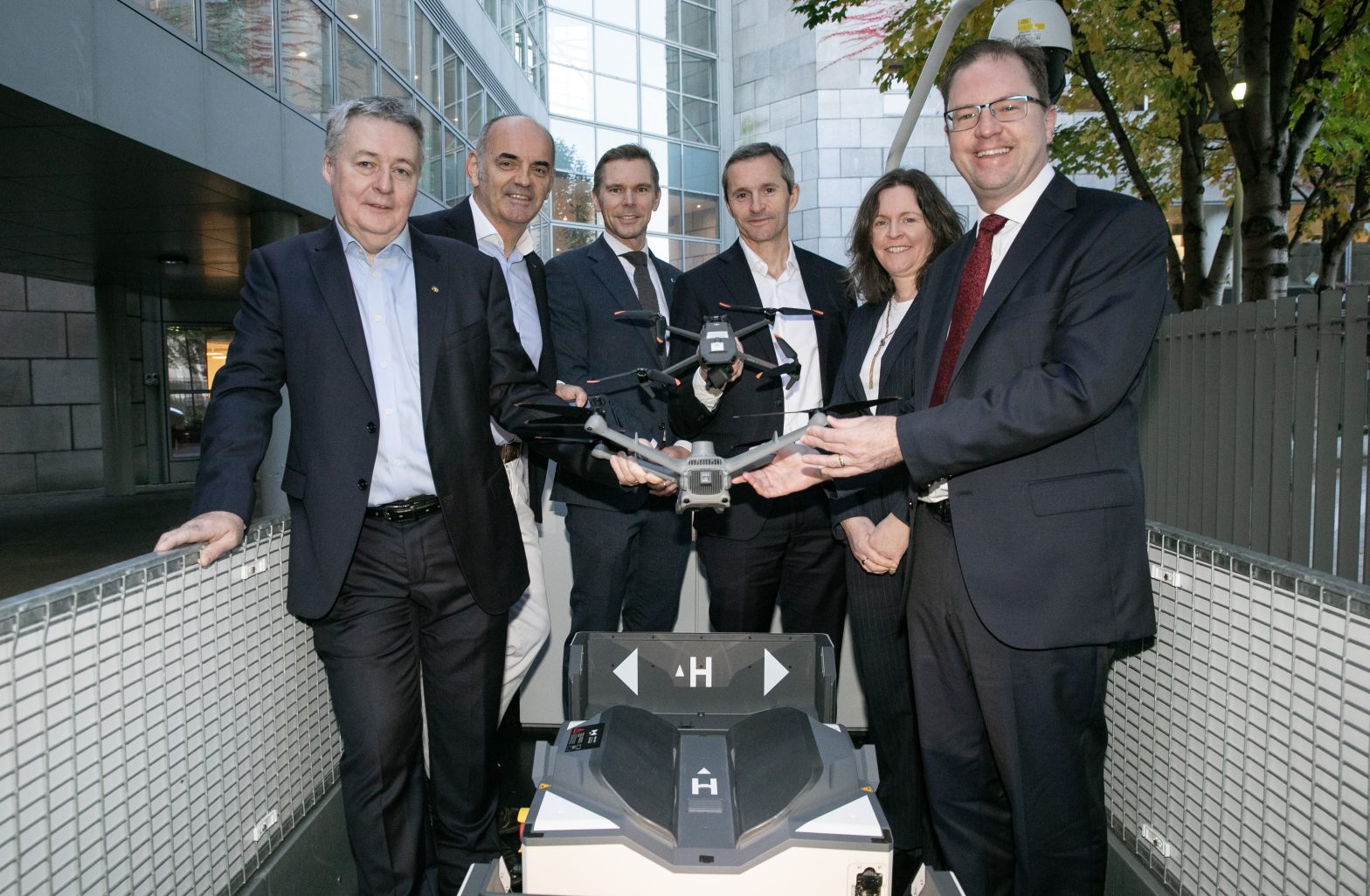 Pictured at the launch of the Dublin Drone Innovation Partnership is LERO, General Manager, Joe Gibbs, Maynooth University, Prof. Tim McCarthy, Irish Aviation Authority, UAS Manager, Enda Walsh, Research Ireland, Deputy CEO, Dr. Ciarán Seoighe, Dublin City Council, Assistant Chief Executive and Chair of the DCC Drones High Level Steering Group, Eileen Quinlivan and Minister of State at the Department of Transport and the Department of the Environment, Climate and Communications, James Lawless T.D.