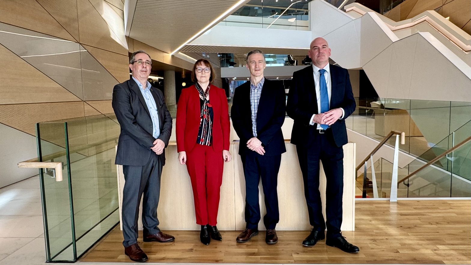 A picture of Trevor Fitzpatrick, Head of Risk, Central Bank of Ireland; Sharon Donnery, Deputy Governor, Central Bank of Ireland; Prof James Gleeson, University of Limerick; Prof Noel O'Connor, CEO, Insight Research Ireland Centre for Data Analytics at the announcement of a new research partnership to boost AI research.