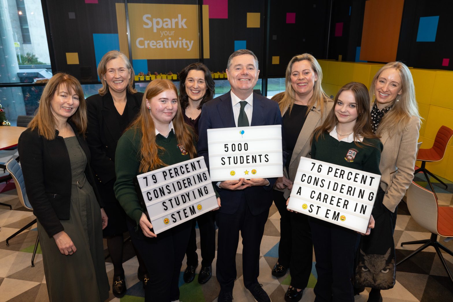 aA picture of Karen Murtagh, Department of Education; Professor Rachel Msetfi, Vice President Research and Innovation, Maynooth University; Cliodhna Brannigan, student at Borrisokane Community College; Joanne Morrissey, HR Director, Microsoft Ireland; Minister for Public Expenditure, NDP Delivery and Reform, Paschal Donohoe; Dr Katriona O’Sullivan, STEM Passport for Inclusion Lead + Digital Skills Lecturer, Maynooth University; Ava Slevin Buckley, student at Borrisokane Community College; and Dr. Abigail Ruth Freeman, Director of Science for Society, Research Ireland. 