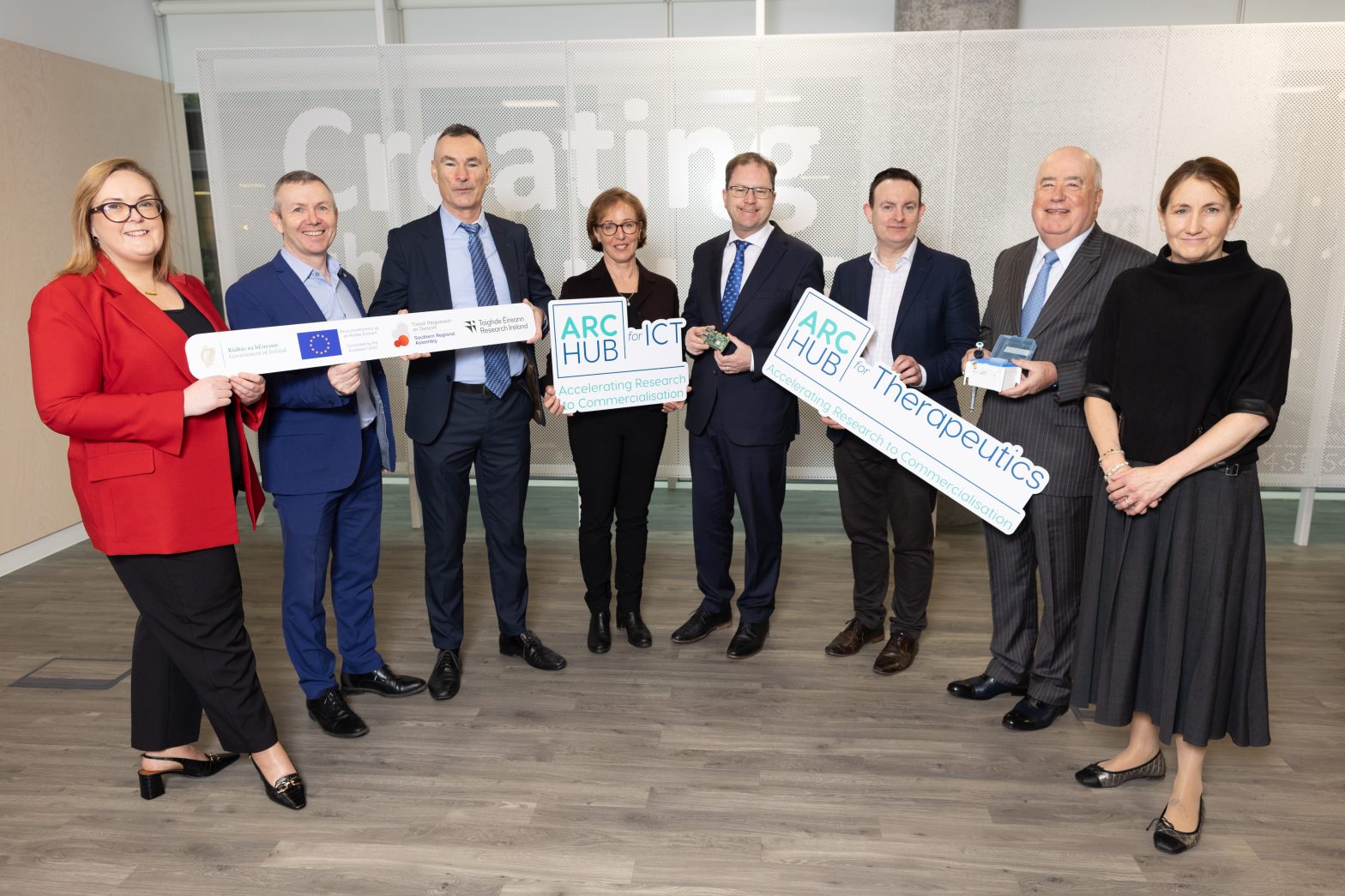 A photo of those attending the announcement in Research Ireland, named from left to right: Marie Harnett, EU Division, Southern Regional Assembly; David Kelly, Director of Southern Regional Assembly; Michael McGrath, National Communications Officer, Member State; Prof. Sarah Jane Delany, School of Computer Science, TU Dublin and ARC Hub for ICT Lead; James Lawless TD, Minister for Further and Higher Education, Research, Innovation and Science; Prof. Vincent Kelly, School of Biochemistry & Immunology, Trinity College Dublin; Michael Horgan, Chair, Research Ireland; and Helen Kearns, Head of Media, Communication and Outreach at European Commission Dublin Representation.