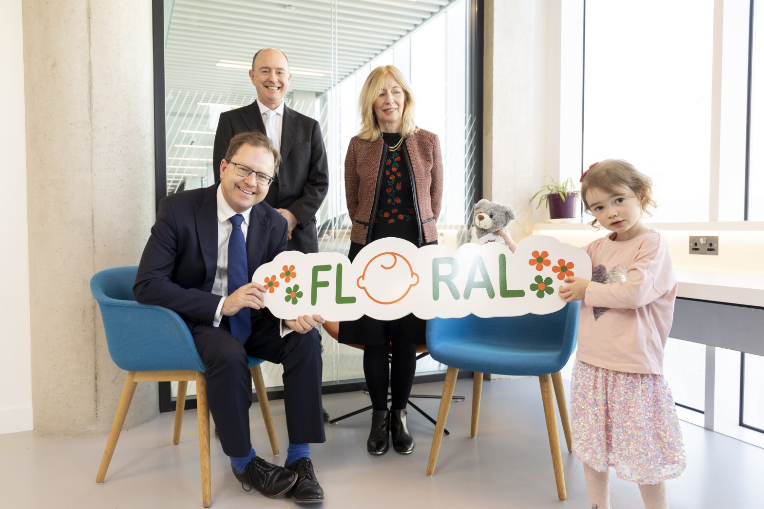 Minister Lawless; Prof. Jonathan Hourihane, Lead of the FLORAL study, Celine Fitzgerald, Interim CEO of Research Ireland; and five-year old Eleanor, who was part of the original study of infants born in 2020.